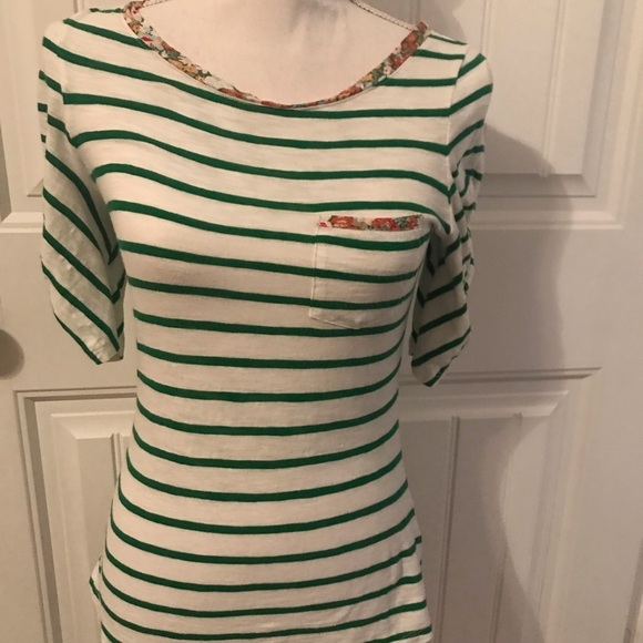 Anthropologie Postmark 3/4 Ruffled Sleeve Striped Top with Floral Neck - Picture 2 of 7